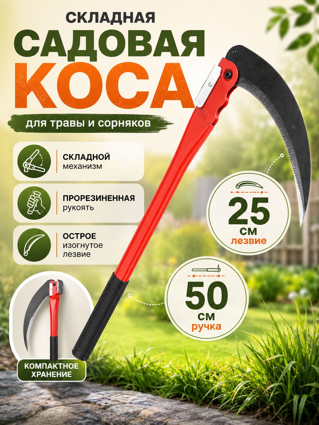 Коса для травы ручная, Серп садовый, мини-коса, 50 см