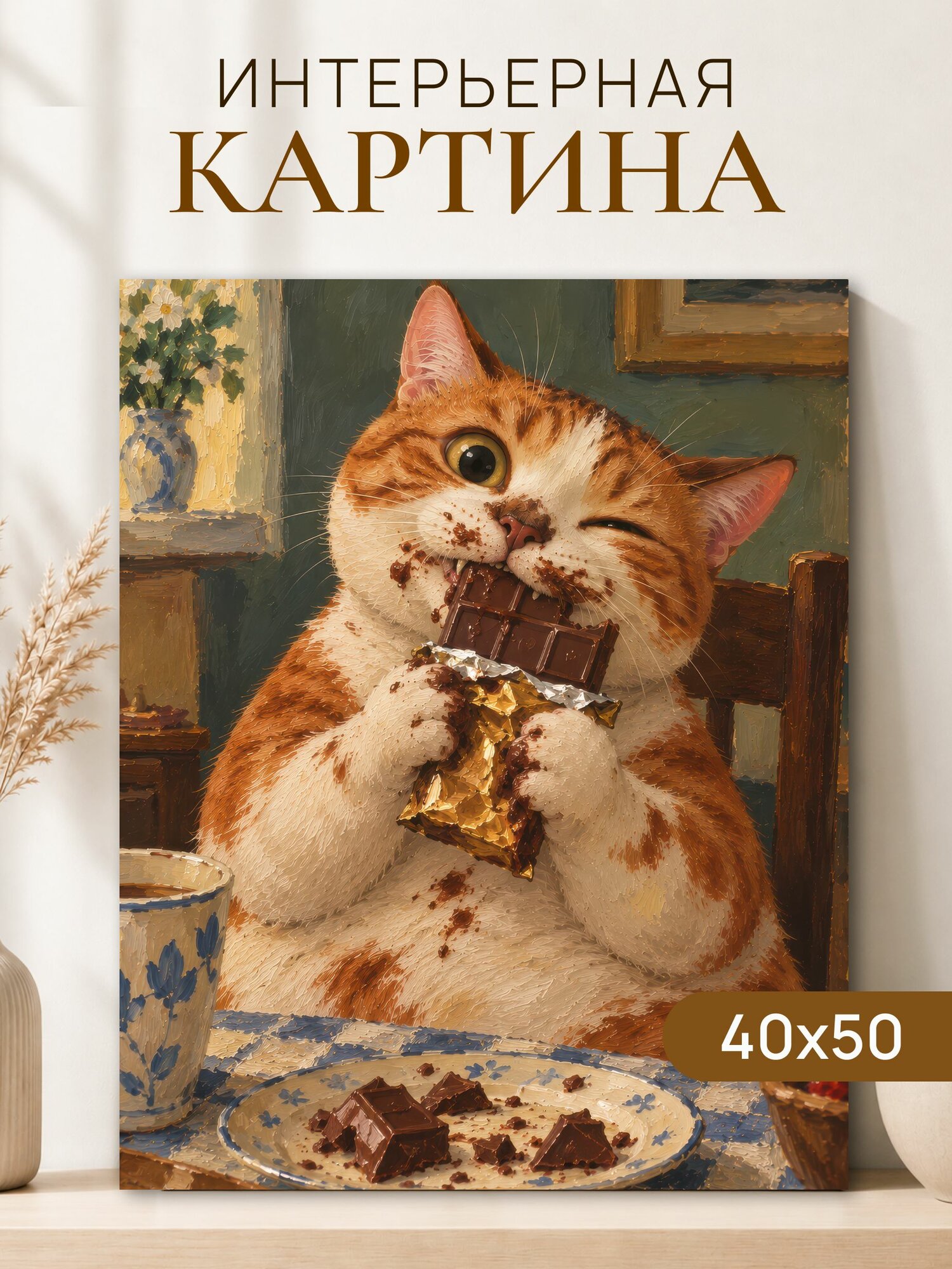 Интерьерная картина на холсте 40x50 см "Кот с шоколадом"