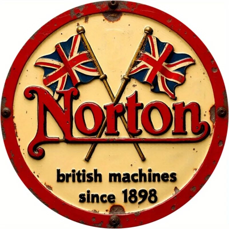 2D плоская металлическая табличка <Винтажные британские машины Norton>, 1 шт. круглая настенная декорация из железа 8"x8" с флагами Юнион Джек и надписью . 1898