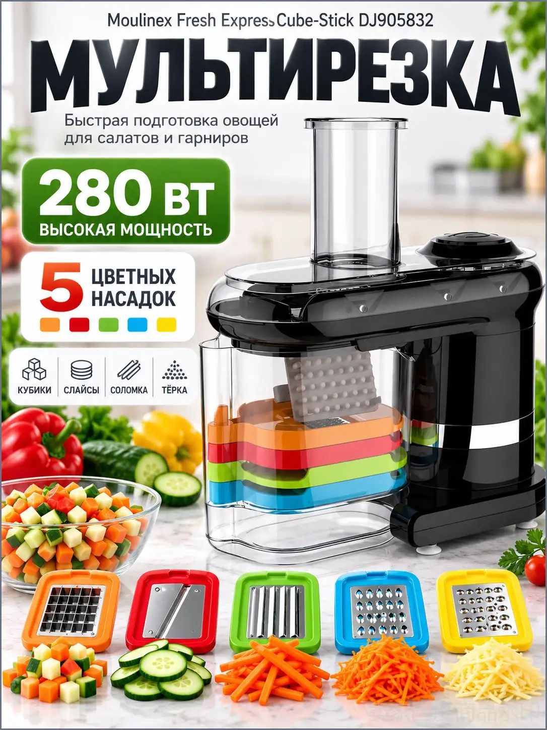Мультирезка Moulinex Fresh Express Cube & Stick DJ905832, 280 Вт