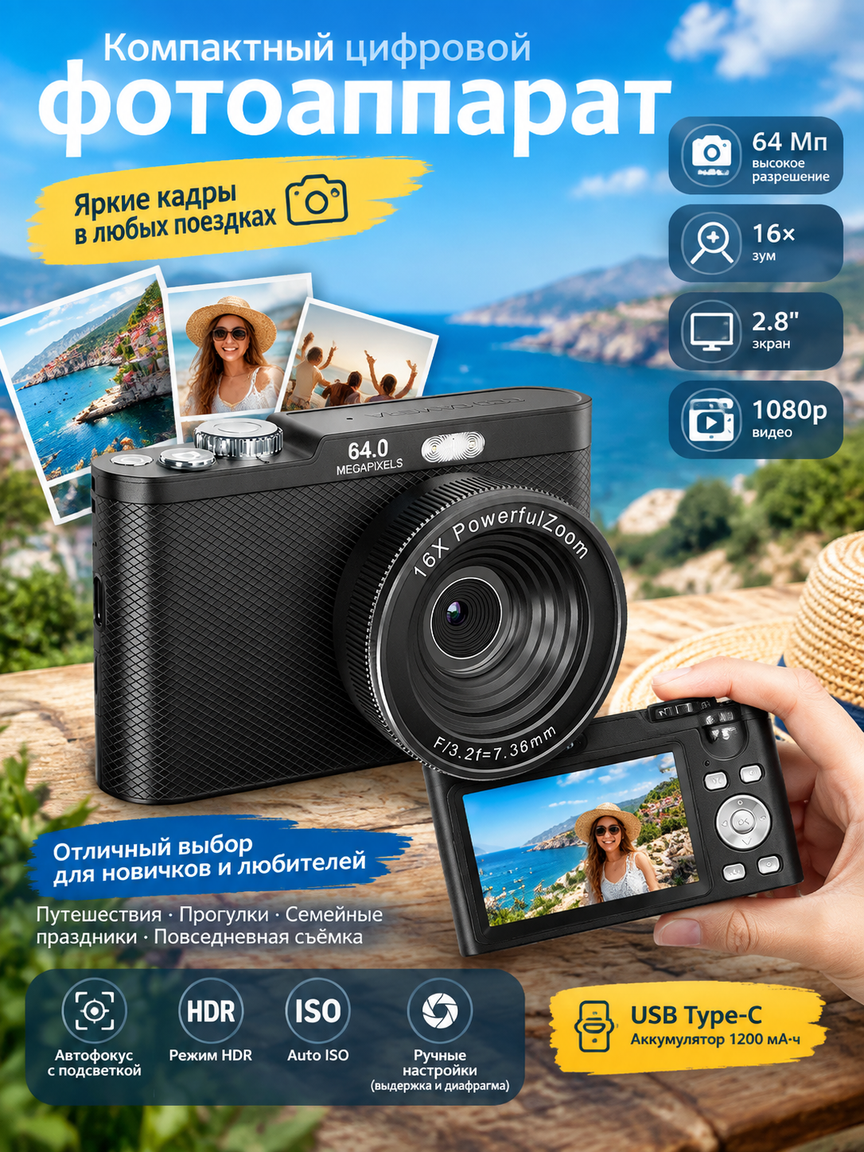 Компактный цифровой фотоаппарат 64 Мп, экран 2.8\", 16x зум, USB, 15 фильтров, 1080p