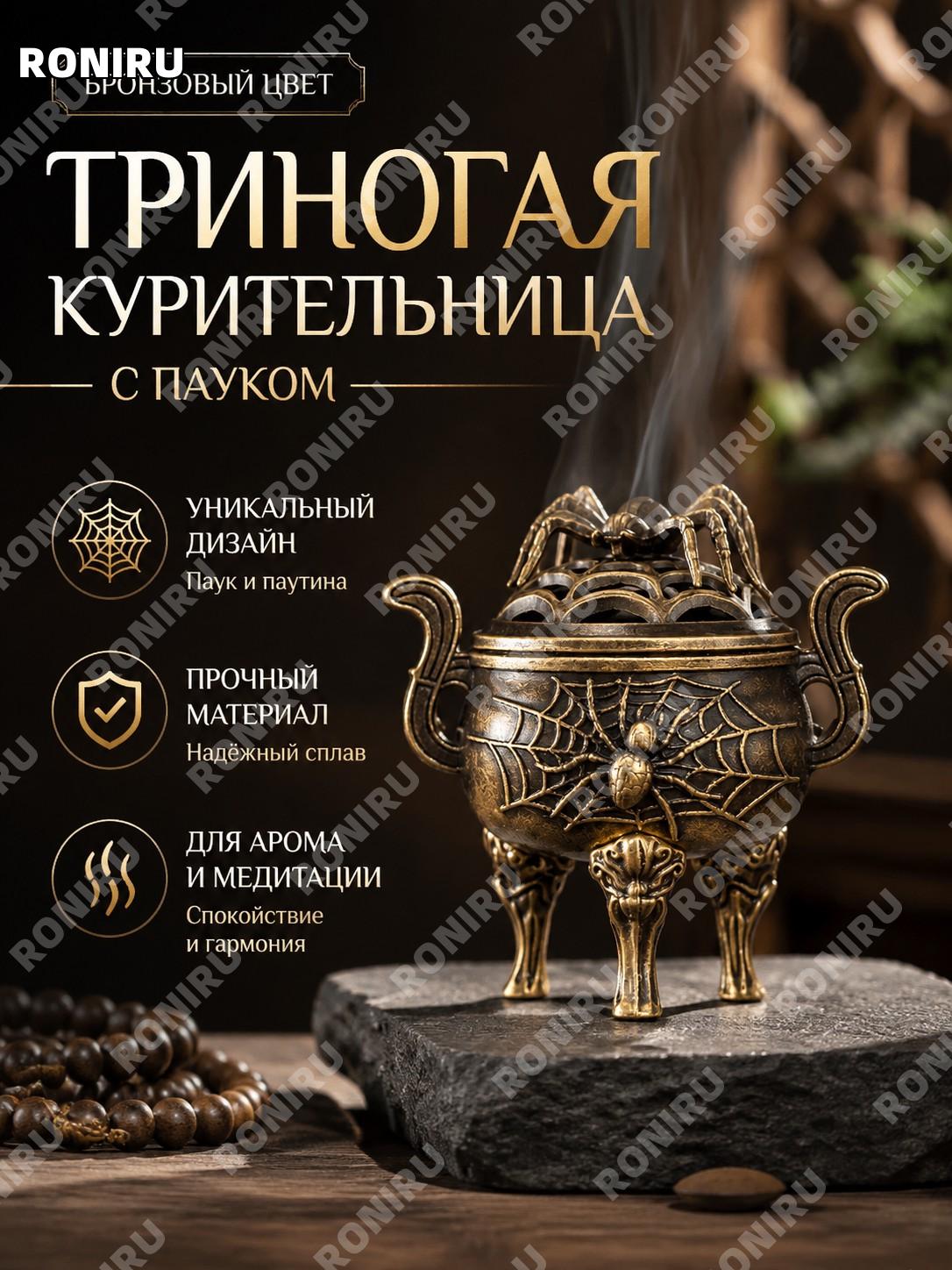 Курильница для благовоний «蜘蛛 — 三足鼎炉» трёхногая бронзовый цвет, чаша для ароматических палочек и конусов для дома