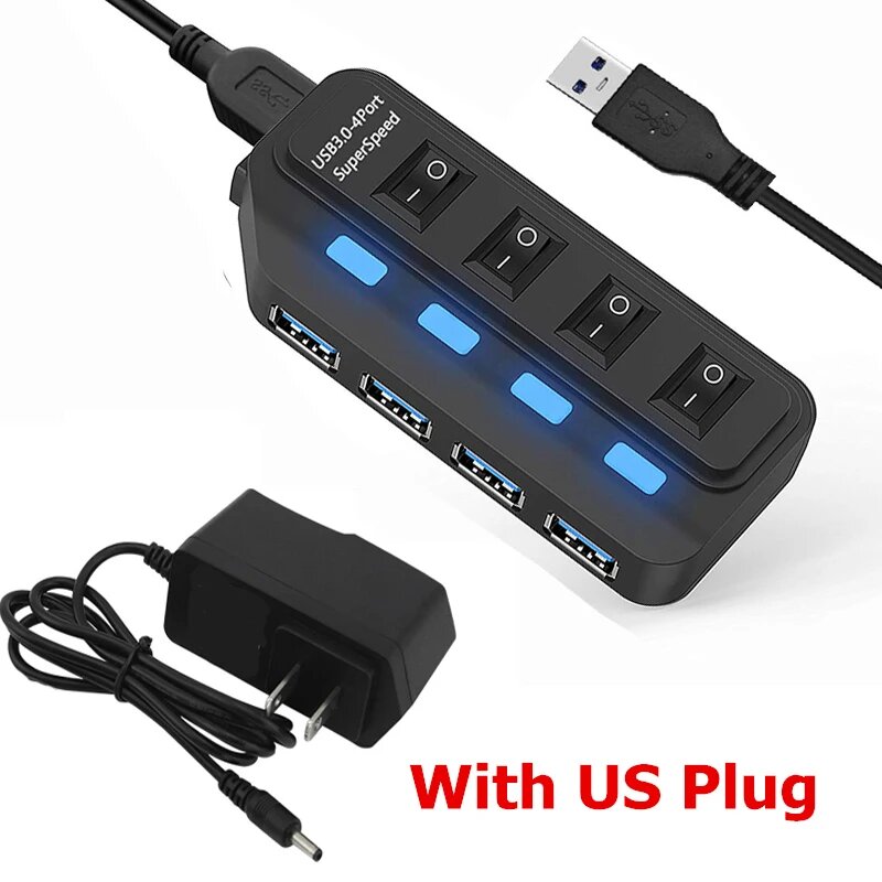 KOJESHUN 4-портовый USB 3.0 хаб Черный, 4 port with US plug