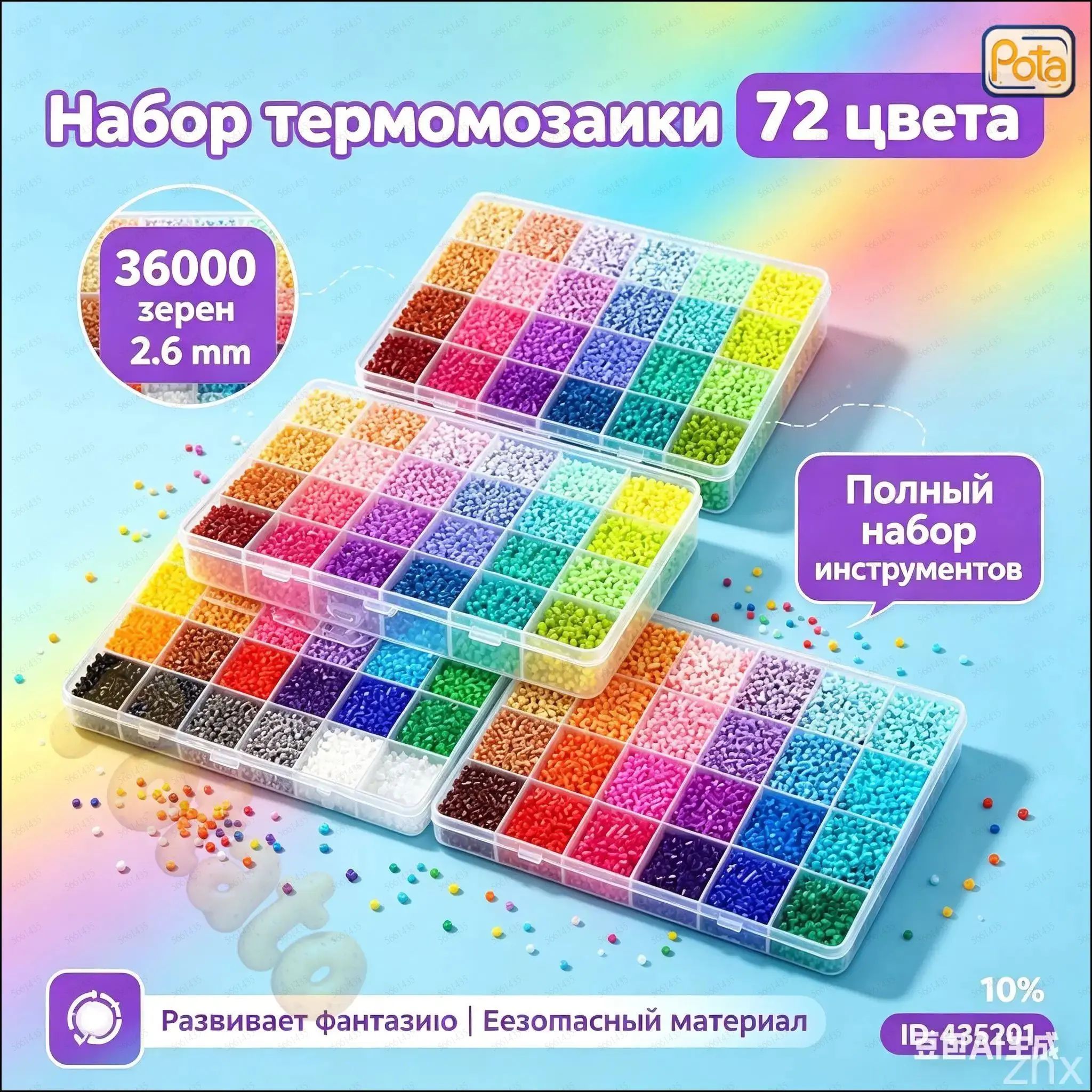 Мозаика Набор термомозаики 72 цвета, 2,6 мм, 36000 зерен, полный набор инструментов