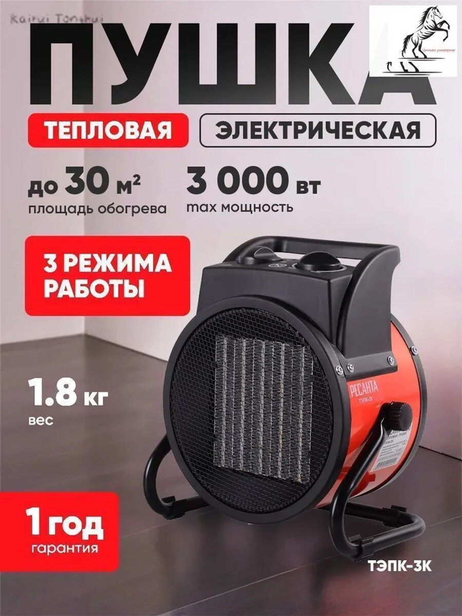 Тепловая пушка электрическая Ресанта ТЭПК-3K с керамическим нагревательным элементом. Обогреватель, теплове