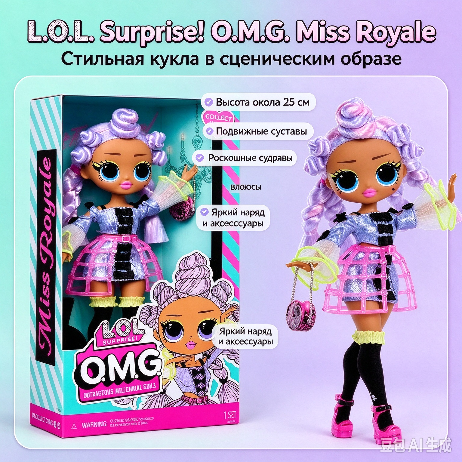 Кукла L.O.L. Surprise! O.M.G. 25 см. Цветные косы, аксессуары, подвижные суставы. Подарок для девочки от 4 лет