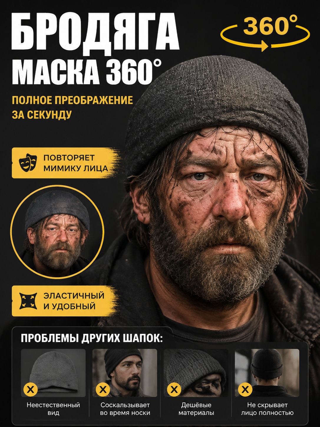 Тканевая карнавальная маска Бомж 360 эластичный материал, универсальный размер для взрослых и детей