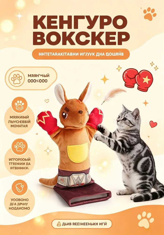 Кошачья игрушка-борцовка в виде кенгуру с кошачьей мятой и кармашком для лакомств