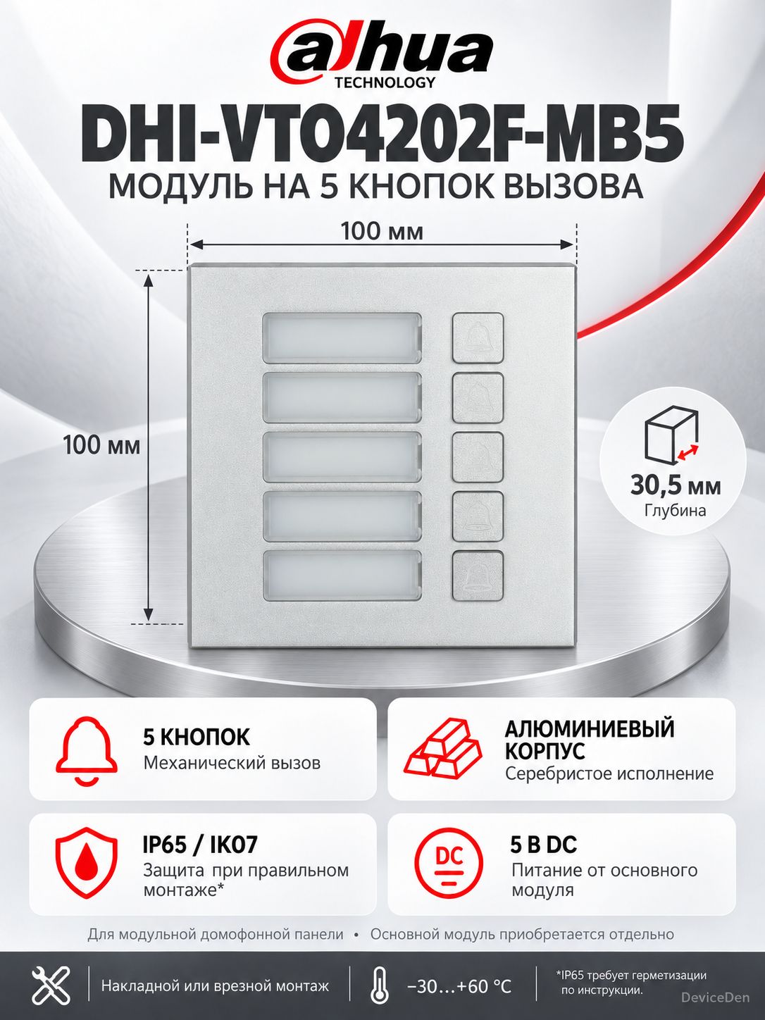 Dahua DHI-VTO4202F-MB5 модуль с пятью кнопками вызова для домофонной панели, IP65