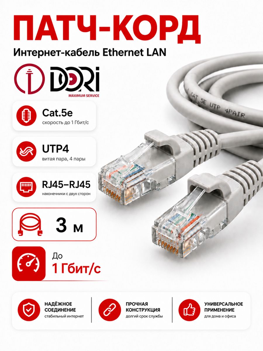 Патч корд 3м (кабель для интернета, Enternet Lan, Cat5e UTP4) для подключения ПК, ноутбука, роутера, ТВ (4 пары, скорость до 1 Гбит/с, цвет серый)