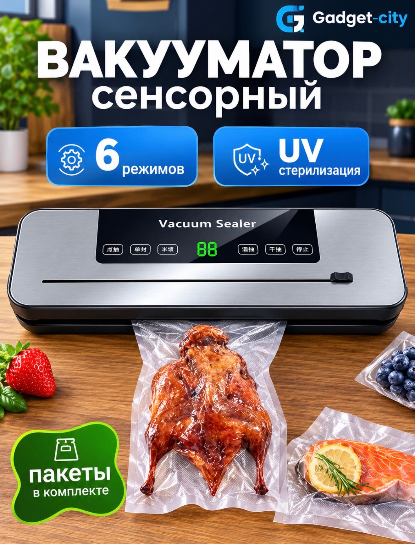 Вакууматор для продуктов с пакеты/вакуумный упаковщик для продуктов с резаком, 120 Вт, 65kPa