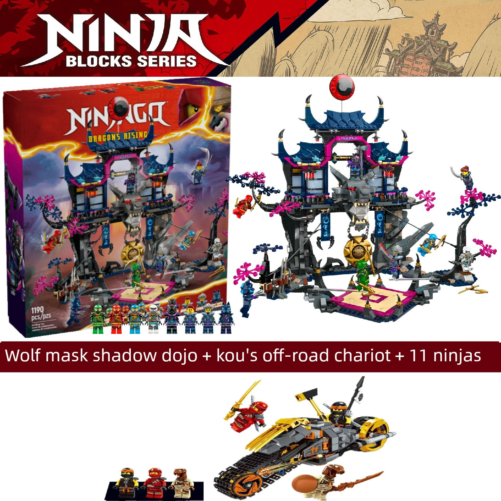 Ninjago Злое Маска Волка Тени Доджо с Внедорожным Транспортом Кола и 11 Минифигурками