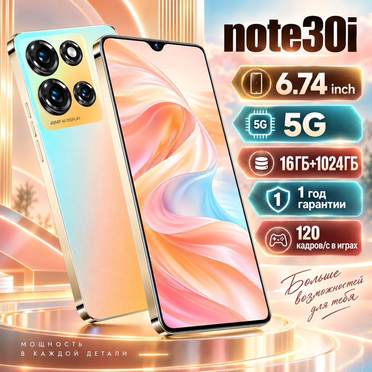 Игровой смартфон андроид note30i 16/1024 ГБ Ростест (EAC) розовое золото
