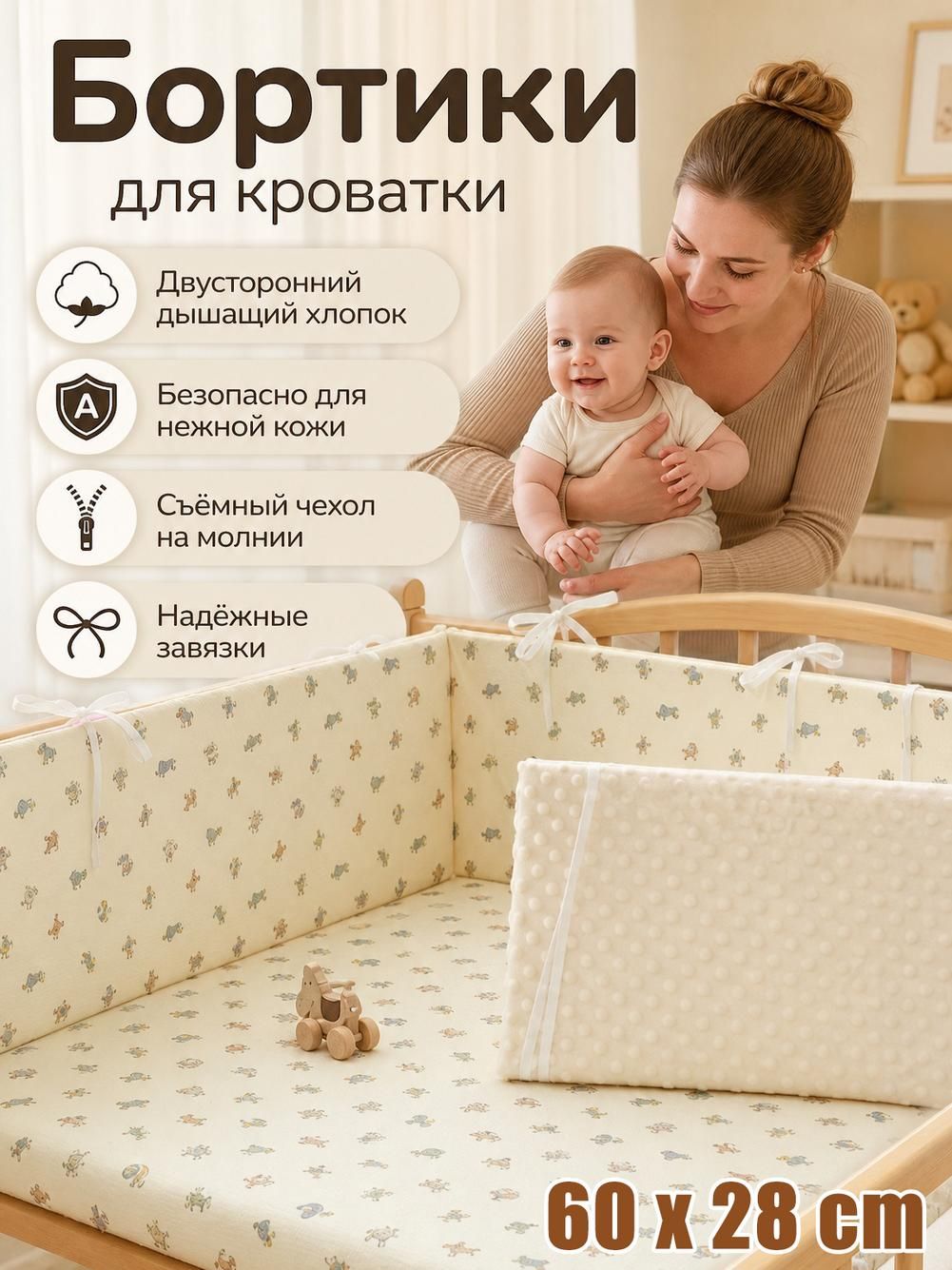 Бортик для кроватки из хлопка и полиэстера, 60х28 см, кремовый, двусторонний