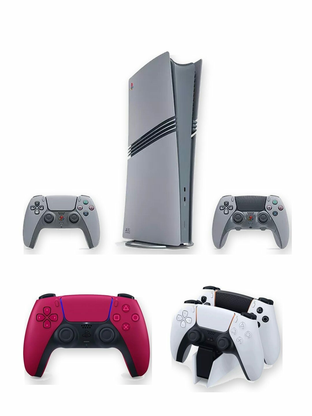 Игровая приставка Sony PlayStation 5 Pro 30th Anniversary Limited Edition 2 ТБ без дисковода, серая в стиле PS1, японская версия + 2-й геймпад DualSense Cosmic Red + зарядная станция