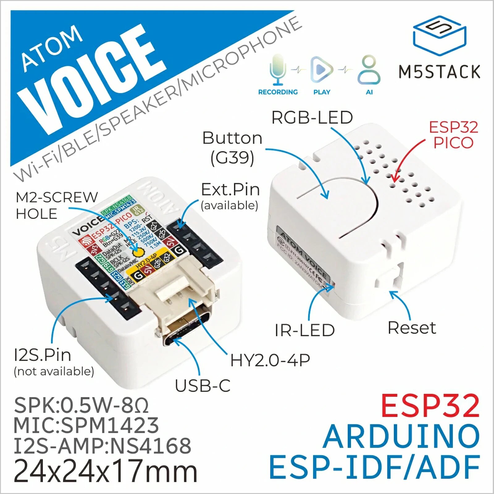 Набор для разработки умной колонки M5Stack ATOM Voice ESP32 Atom Echo-1pcs