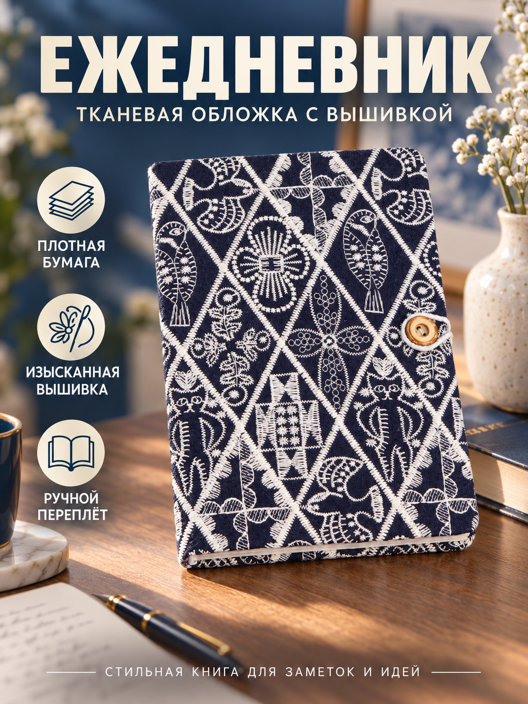 Блокнот твердой обложке из ткани с вышивкой, ручная работа, ежедневник для записей, подарок для девушки, 112 листов