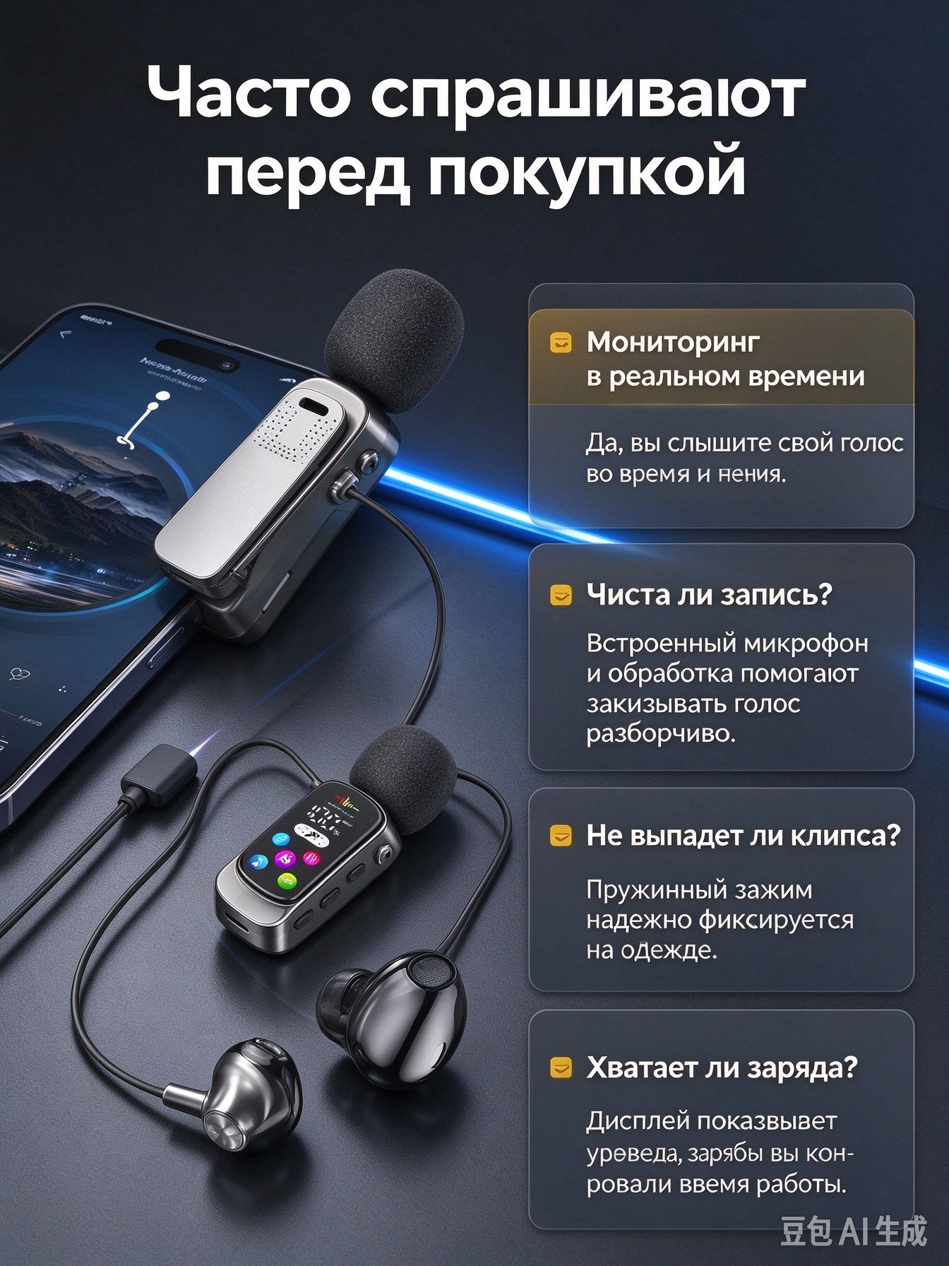 Петличная bluetooth гарнитура с микрофоном, мониторинг звука для караоке и стриминга