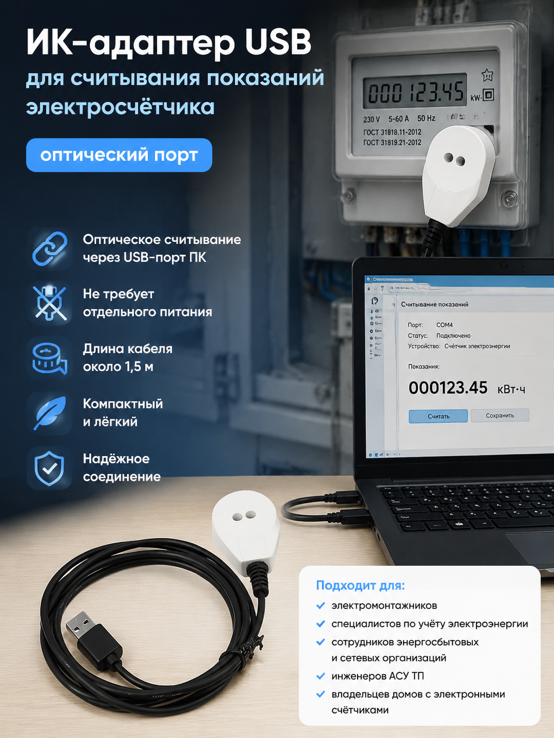 ИК-адаптер USB для считывания показаний электросчётчика, оптический порт, чёрный кабель