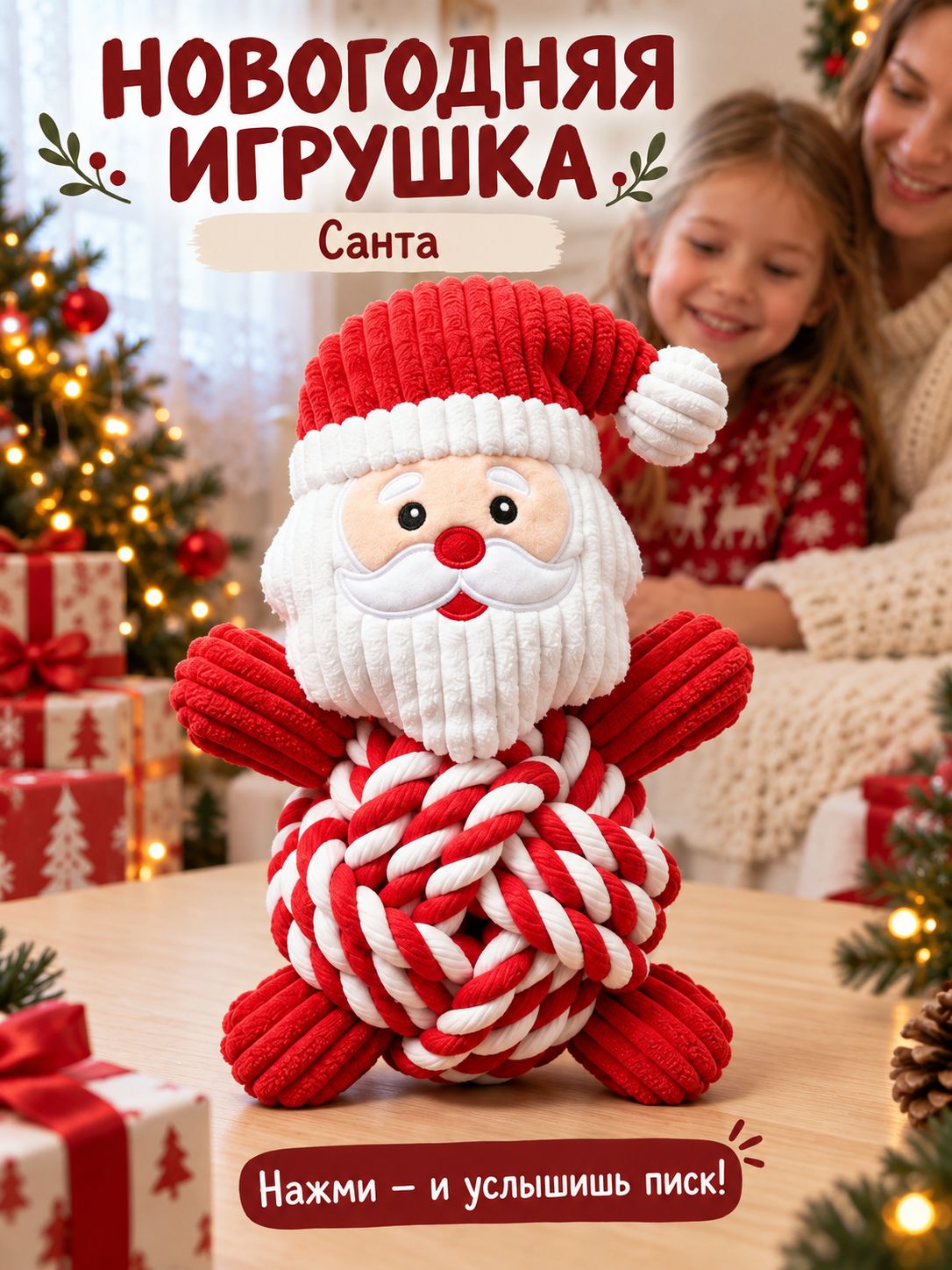 Новогодняя мягкая игрушка-пищалка для детей из вельвета с плетеным мячиком, Размер 15,5 × 14 см, Вес около 88 г