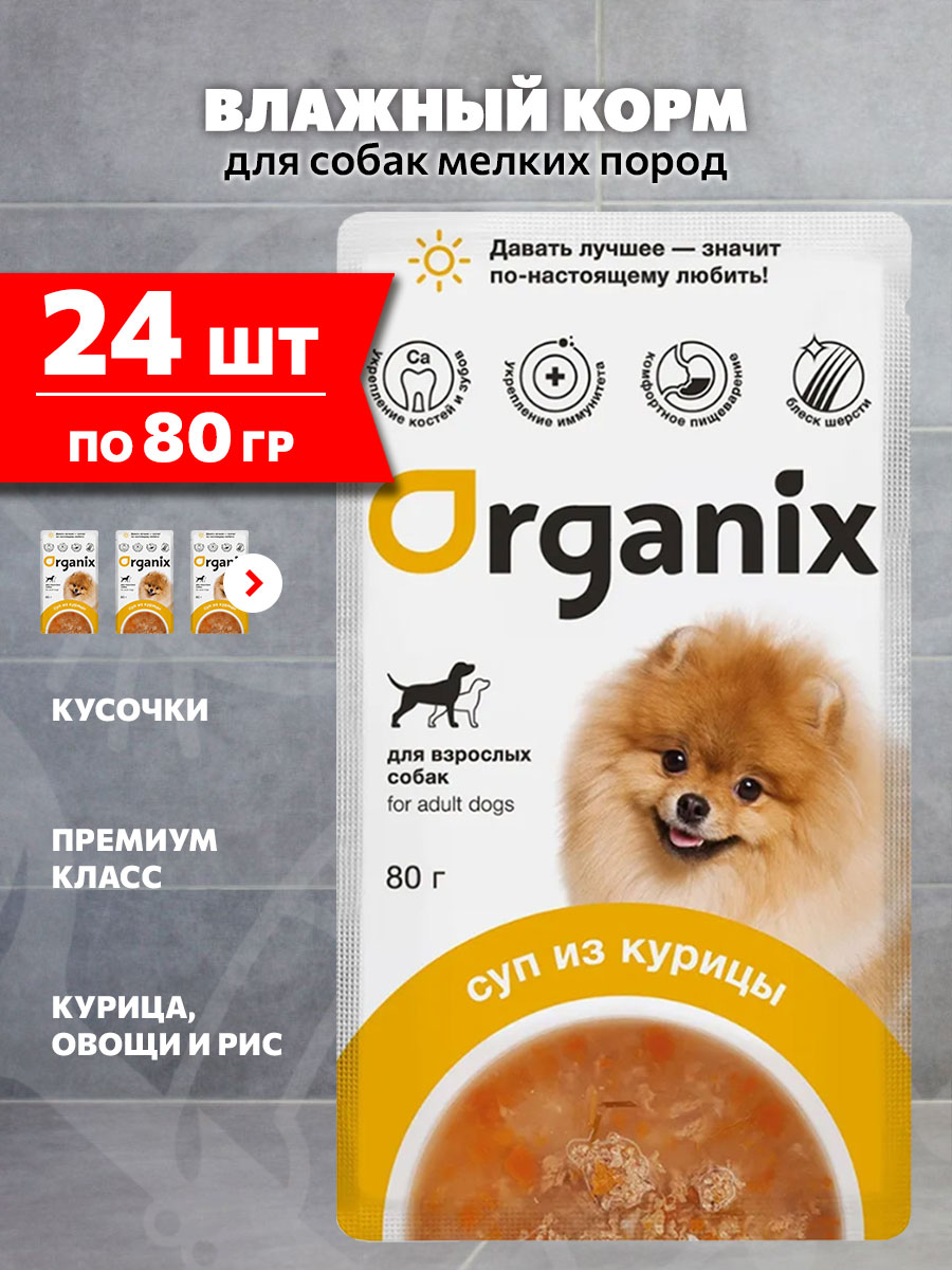 Корм влажный Organix для взрослых собак мелких пород суп, курица, овощи и рис, 80 г 24 шт