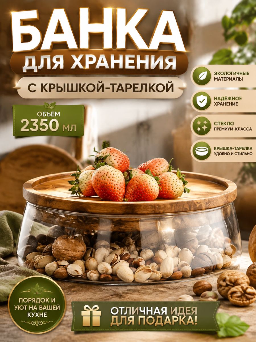 Банка для продуктов 2350 мл 1 шт дерево, прозрачная банка для продуктов объемом 2350 мл, диаметром 22 см и высотой 8 см