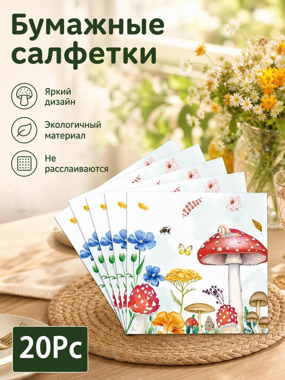 Бумажные салфетки с грибами из 20шт, украшение праздничной вечеринки