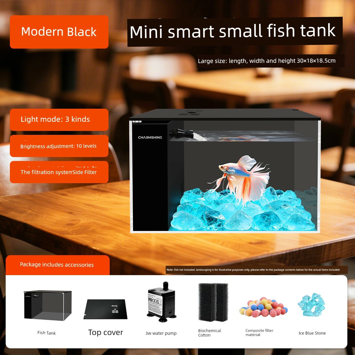 Интеллектуальный настольный аквариум с очисткой воды, циркуляцией и аэрацией - Большой современный черный ледяной