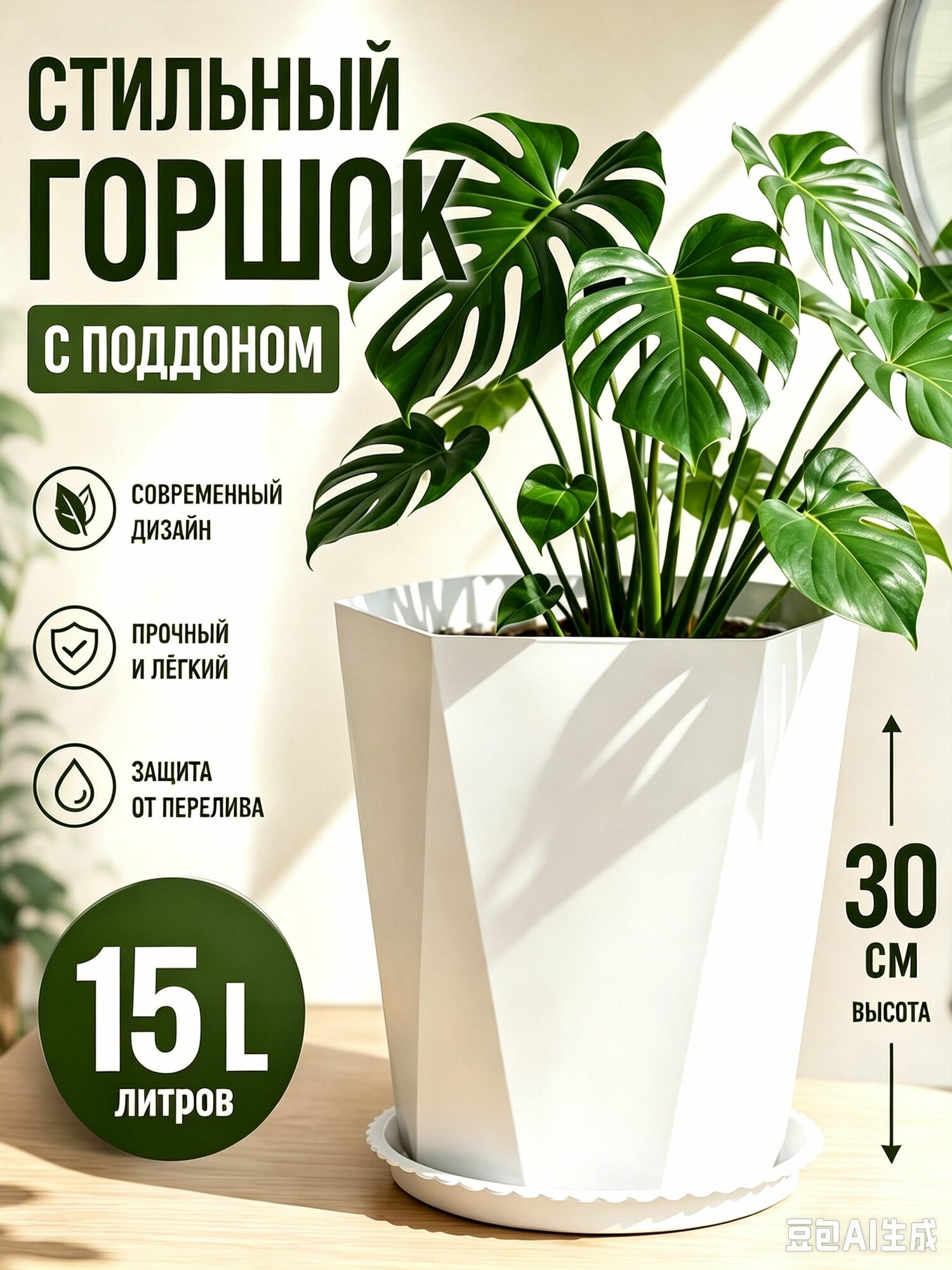 Геометрический пластиковый горшок 15 л, высота 30 см, с поддоном, защита от перелива