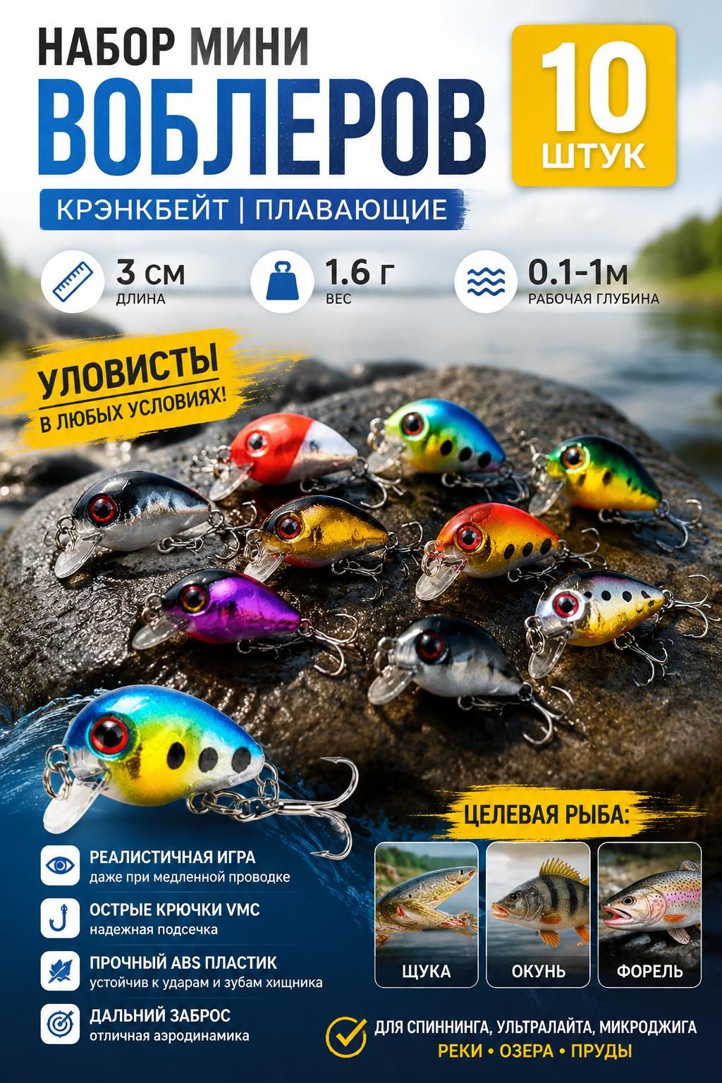 Набор из 10 мини кранкбейтов 3 см / 1,6 г Плавающие микровоблеры для ультралайта, для окуня, форели и щуки