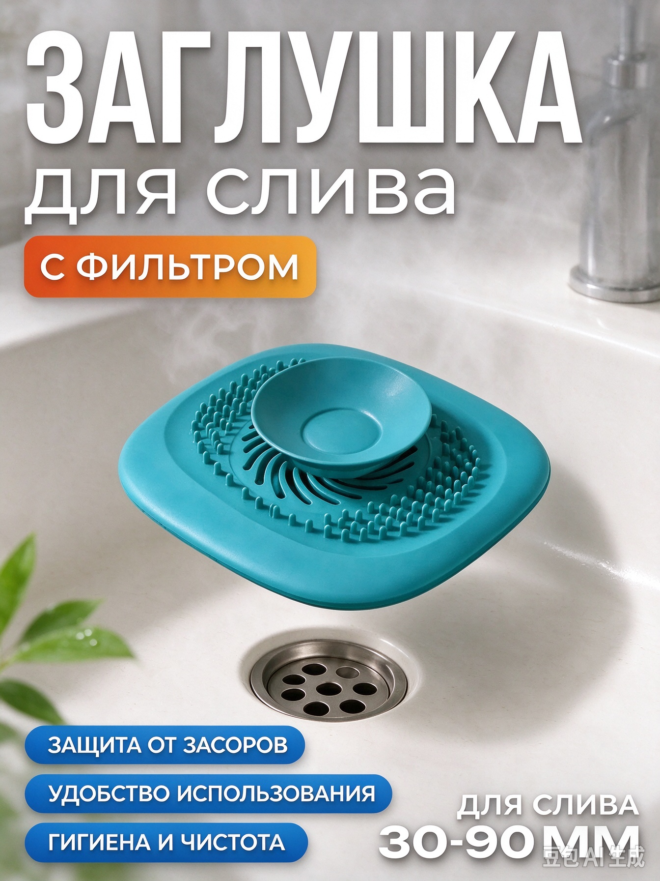 Силиконовая заглушка-фильтр для слива универсальная, улавливает волосы, антизапор, для ванны и раковины 30-90 мм