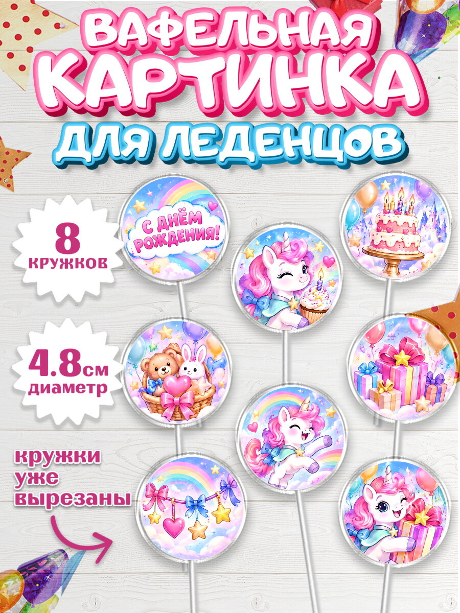 Вафельная картинка для леденцов на торт Единороги девочке в день рождения