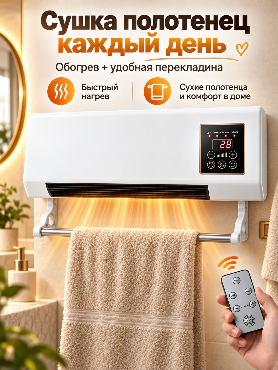 Обогреватель для ванной комнаты настенный 2000 Вт, тепловентилятор с пультом и сушилкой для полотенец