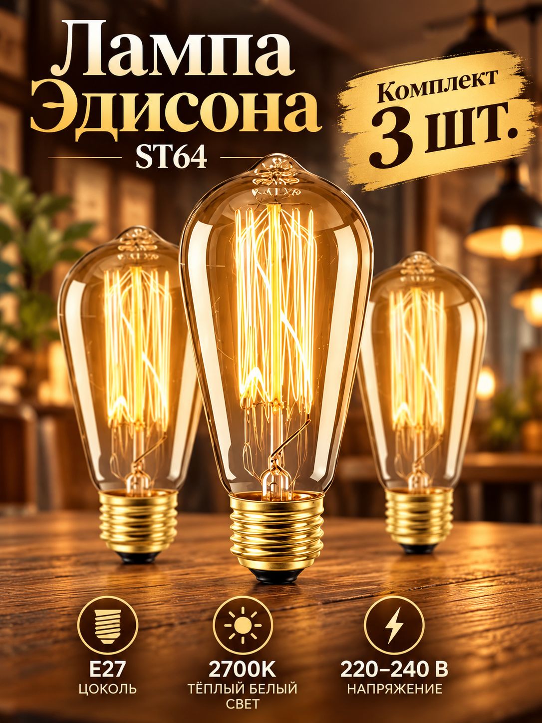 Лампочка, Цоколь: E27, 40 Вт, Накаливания, 3 шт.