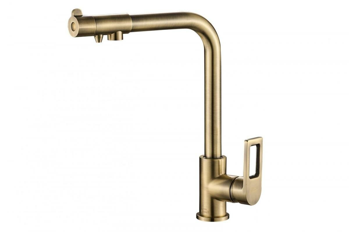 Смеситель для кухни ZorG Steel Hammer SH 572 BRONZE, бронза, под фильтр 2в1, ручка фильтра на изливе, современный