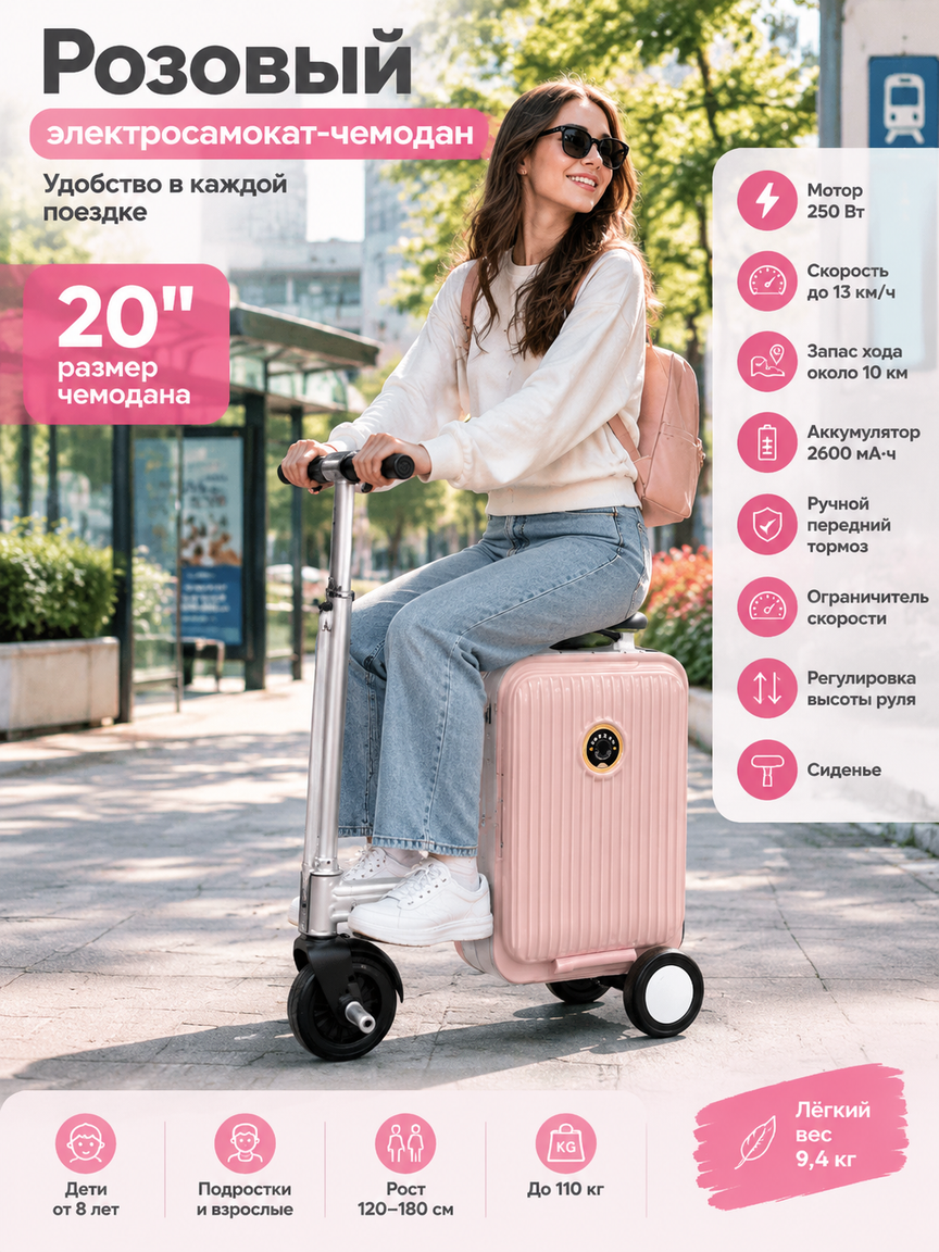 Розовый электросамокат-чемодан 20 дюймов, складная рама, мотор 250 Вт, 13 км/ч, до 110 кг