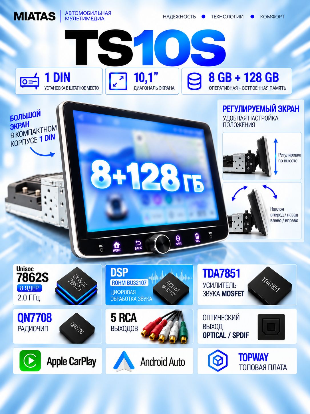 Автомагнитола 1DIN на шарнире 8 ядер Android 8/128 ГБ, 4G, DSP, CarPlay, UIS7862S, крутилка, TS10S MIATAS