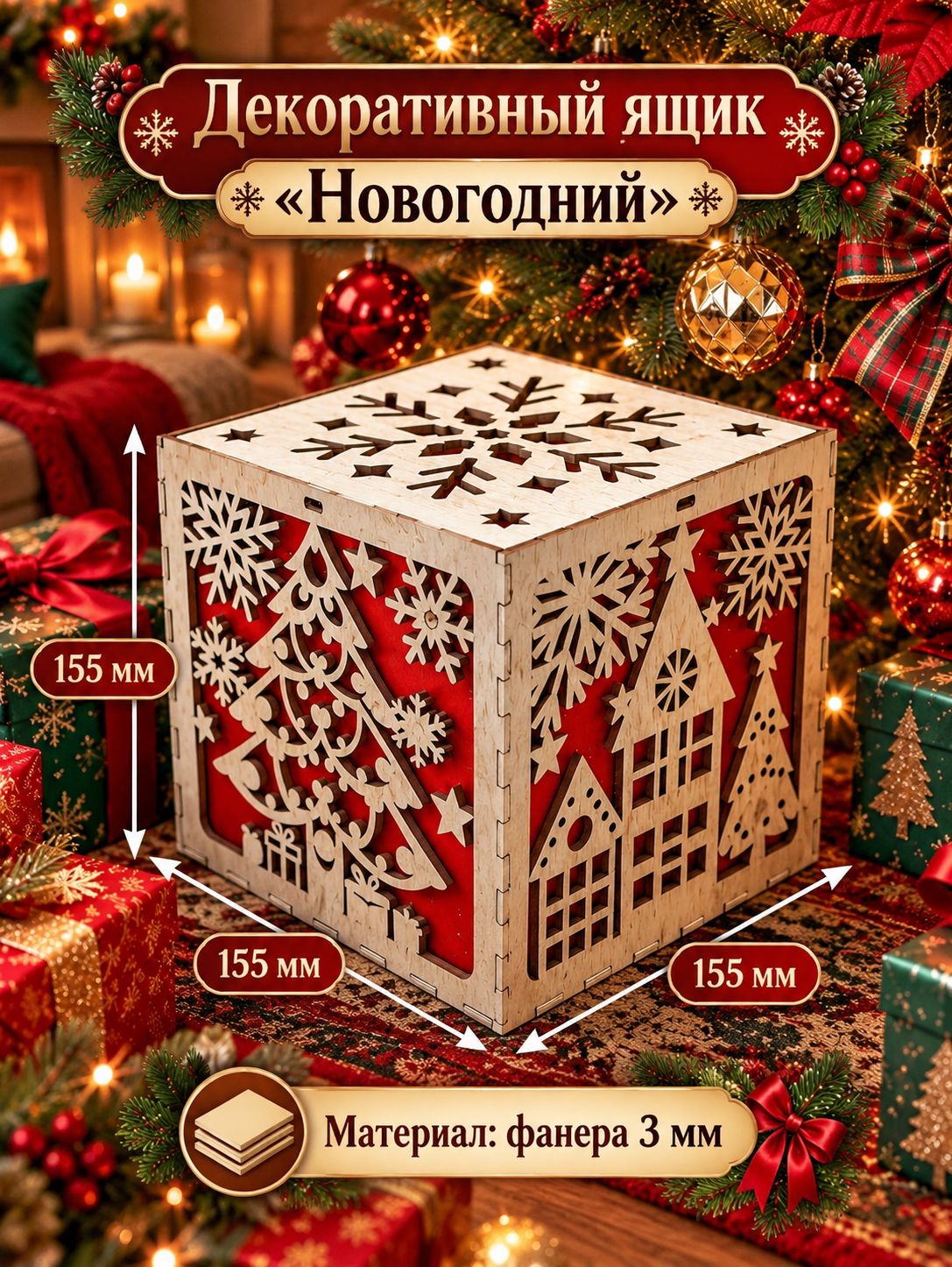 Декоративный фигурный ящик "Новогодний" ЯФ19 фанера 3 ММ С декоративным покрытием