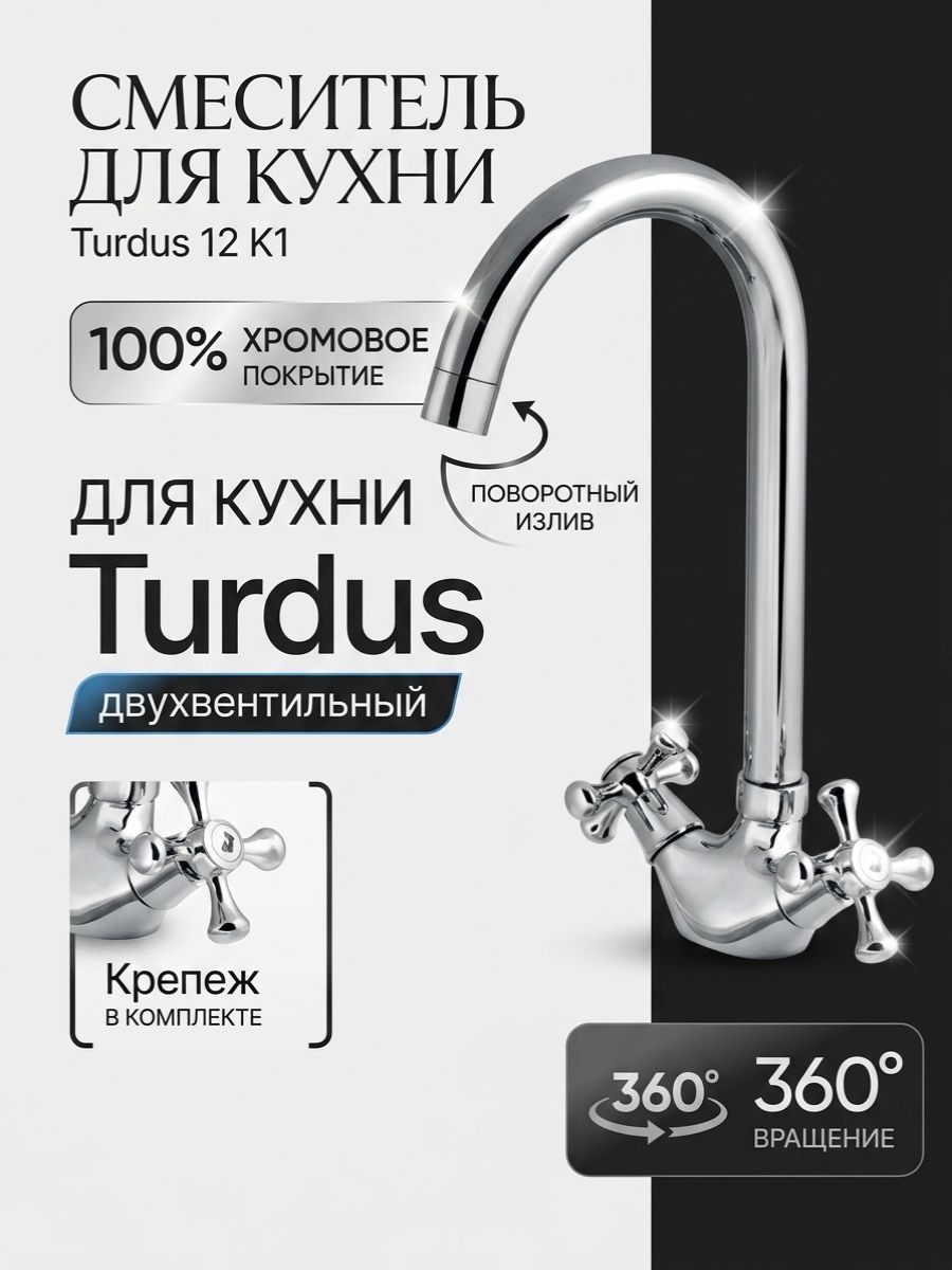 Смеситель для кухни Turdus 12 K1, двухвентильный, поворотный излив, хром