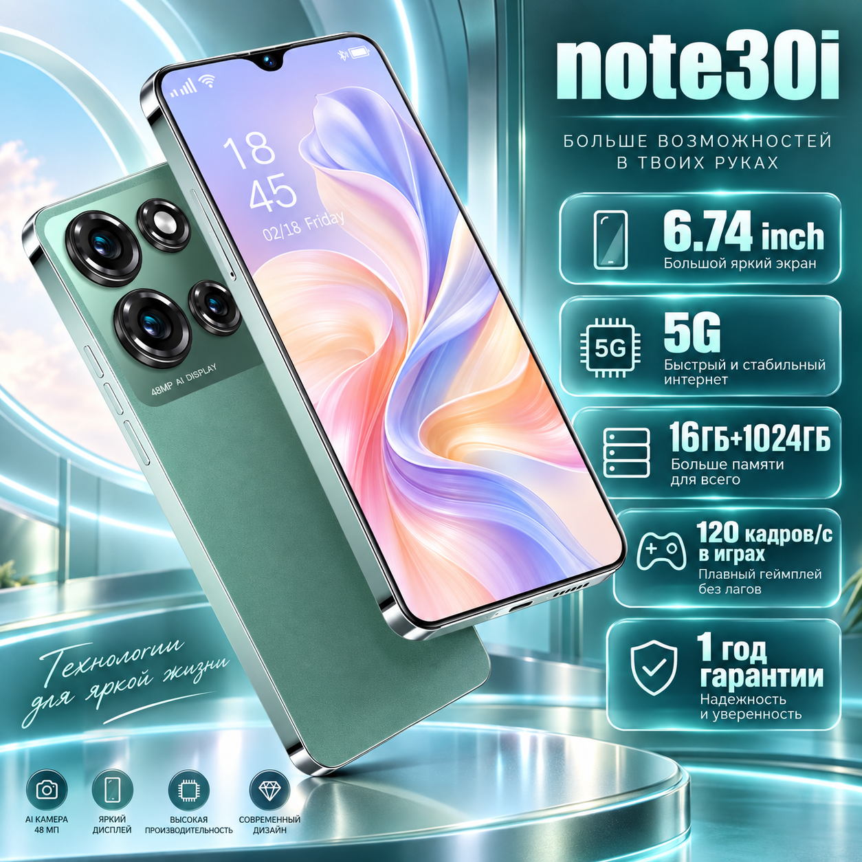 Игровой смартфон андроид note30i 16/1024 ГБ Ростест (EAC) темно-зеленый