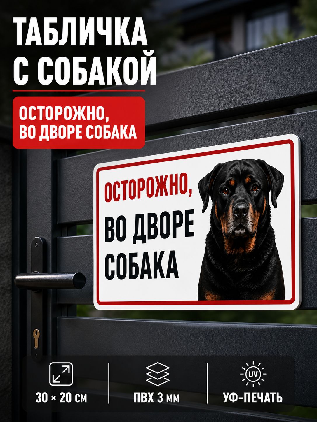 Табличка "Осторожно во дворе собака" на ворота и калитку, предупреждающая с собакой, ПВХ 3 мм, 30х20 см