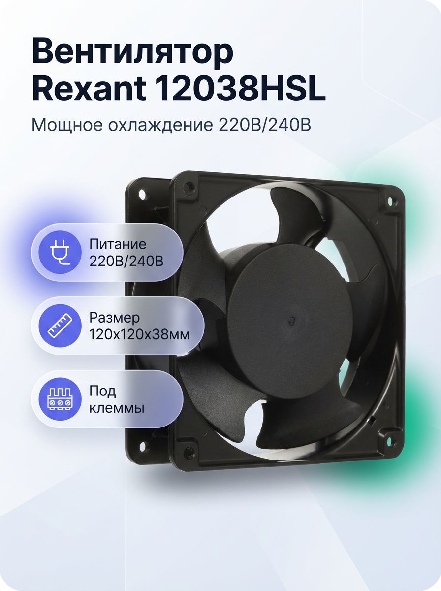 Вентилятор осевой Rexant 12038HSL 72-6122, 120x120x38 мм, 220 В AC, 2650 об/мин, под клеммы