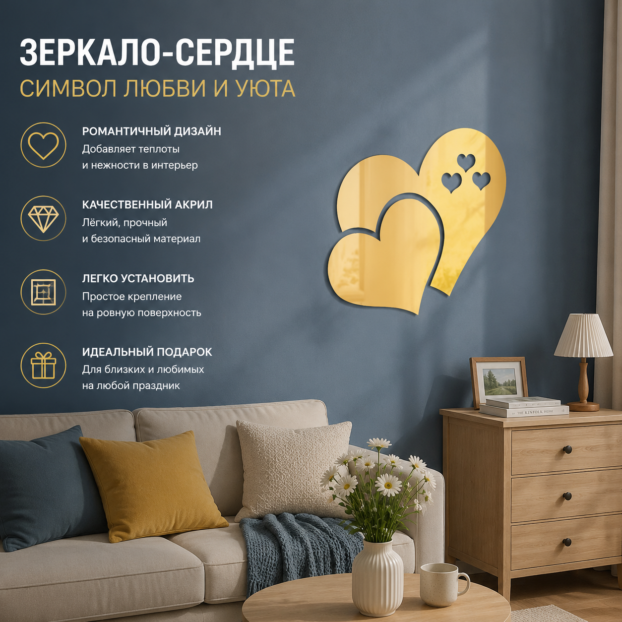 Самоклеящаяся акриловая декоративная зеркало для спальни, прихожей и гостиной, романтичный дизайн