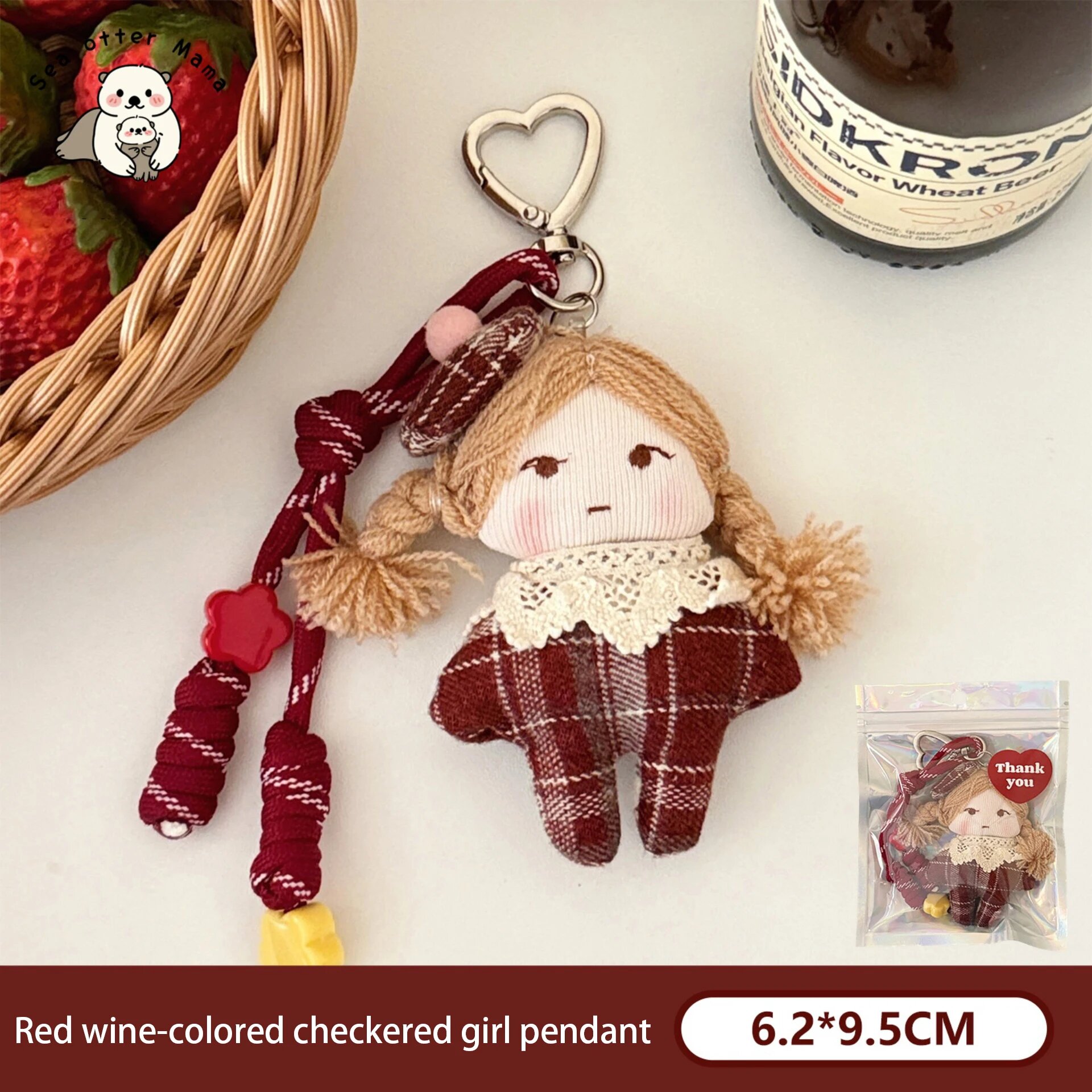Брелок-кукла девочка в клетку, красный, 6.2*9.5см