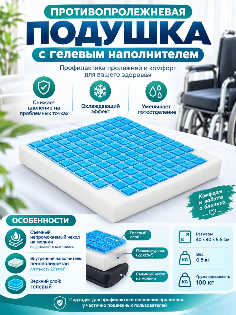 Противопролежневая подушка гелевая 40х40х5,5 см для сидения, кресла и инвалидной коляски/ по сертификату ТСР 10-02-02