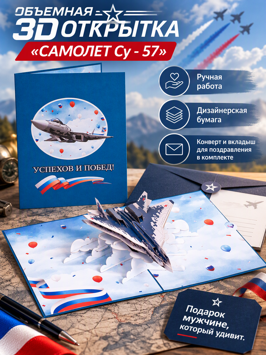 Открытка объёмная SOULMATE 3D Самолет Су-57 15*20 см, подарок мужчине военному