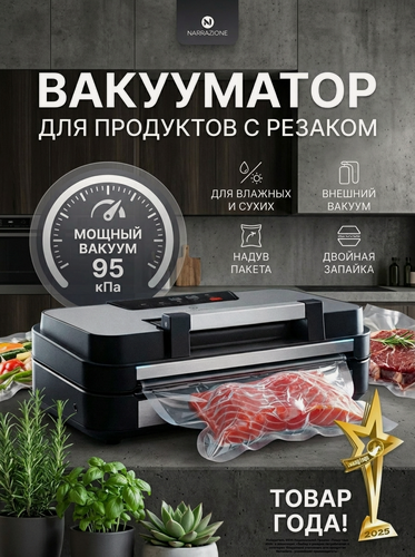 Изображение товара Вакууматор для продуктов VS8001G NARRAZIONE, вакуумный упаковщик- + 1 рулон с пакетами + пакеты