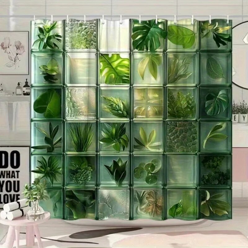 Зелёная шторка для душа из стеклоблоков с растительным принтом 90x180cm35x71in