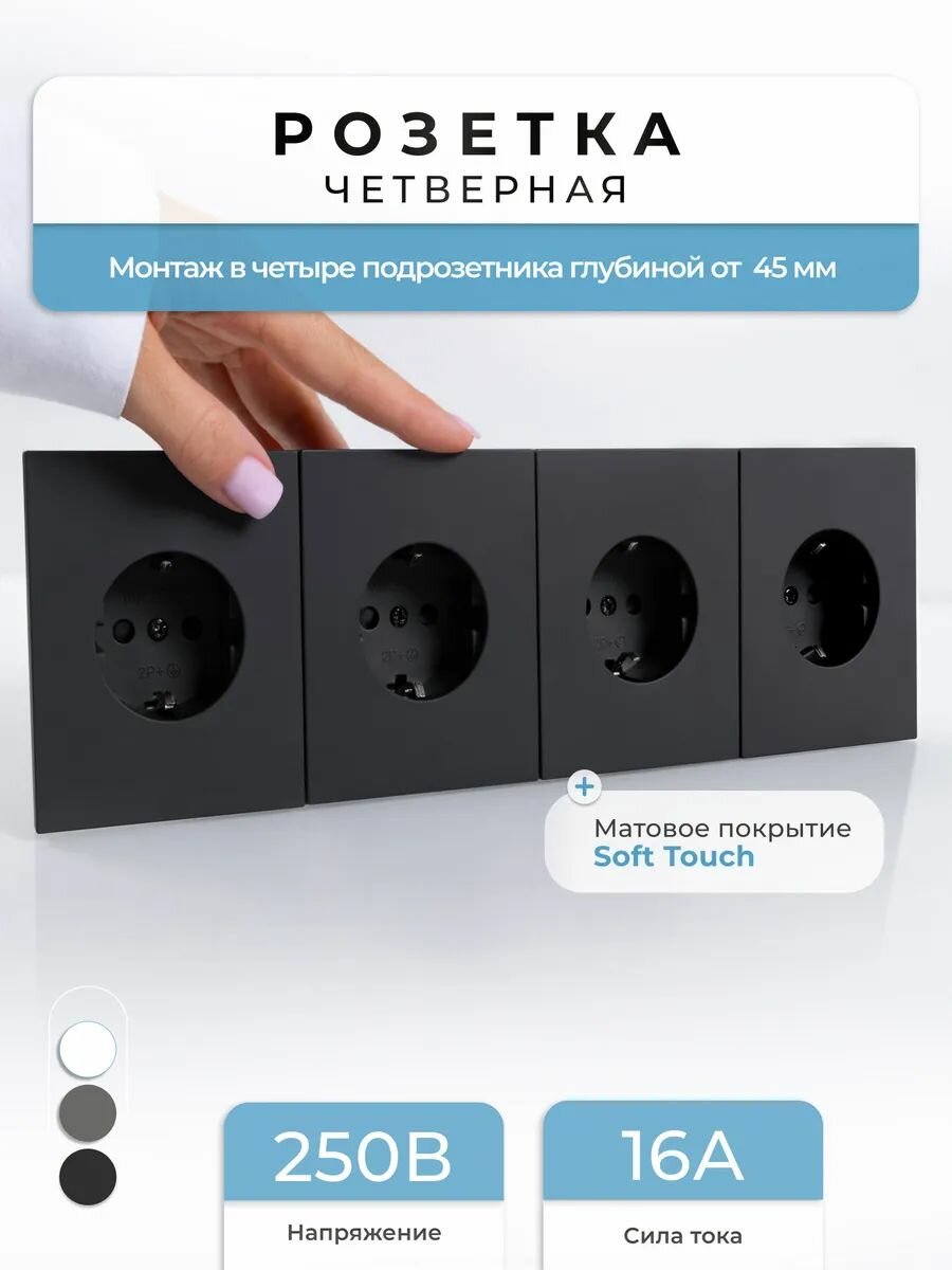 Розетка четверная черная с заземление и защитными шторками Tocterra