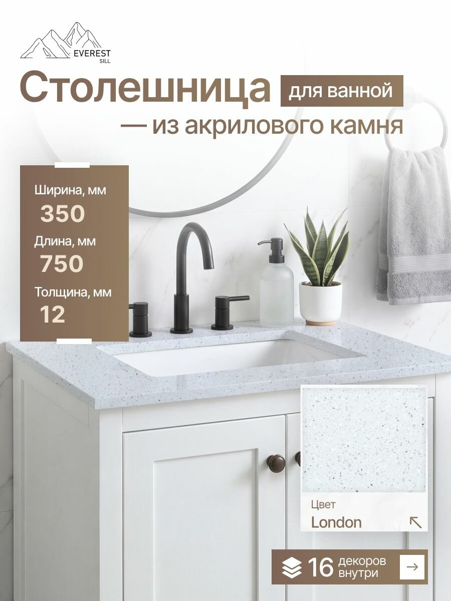 Столешница для ванной из искусственного камня 750x350x12мм London глянцевый